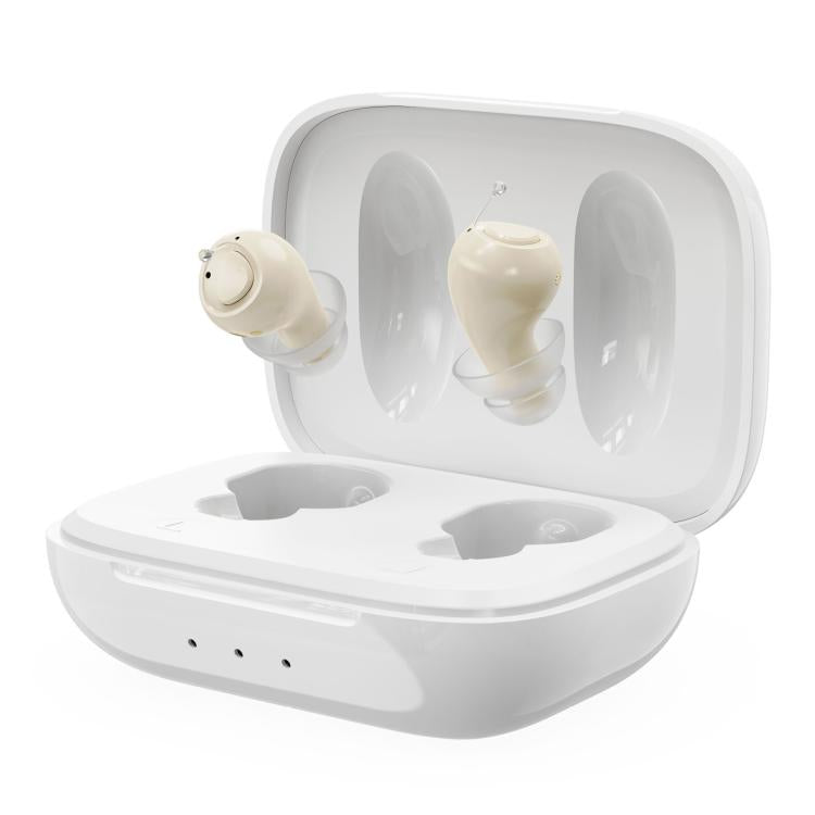 Invisible in-ear hearing aids with charging case, two light beige earpieces