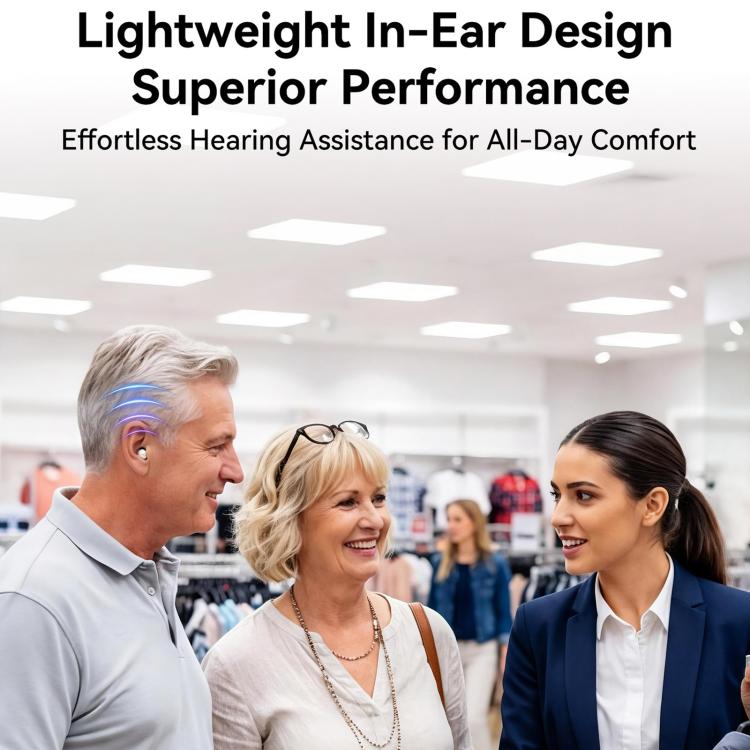 Light beige in-ear hearing aids on people, discreet and compact fit
