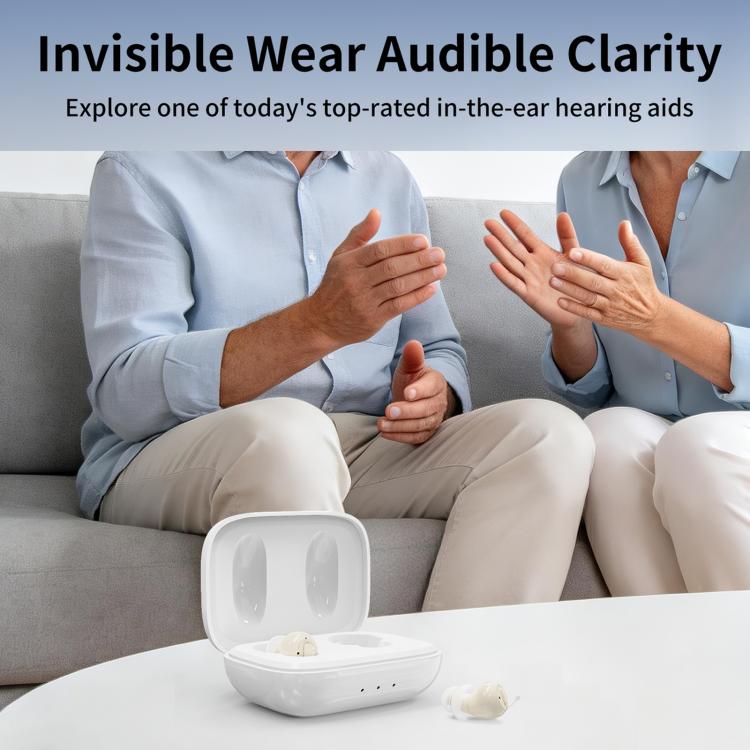 White charging case with two light beige in-ear hearing aids