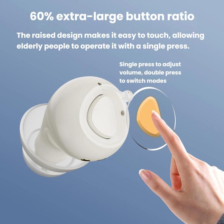 Light beige in-ear hearing aid with large touch button, finger-ready control