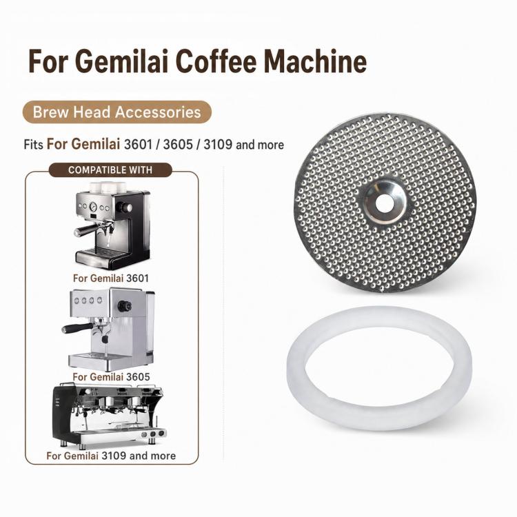 Espresso machine shower screen and silicone gasket ring set on display