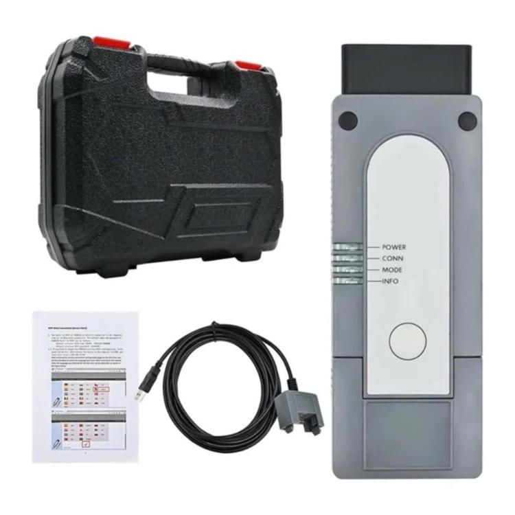 WiFi vehicle diagnostic tool with carry case, cable, and instruction sheet