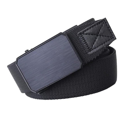 Men's black elastic web belt with rectangular automatic buckle, stitched keeper end