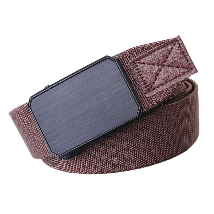 Men's brown elastic web belt with rectangular automatic buckle, stitched keeper end