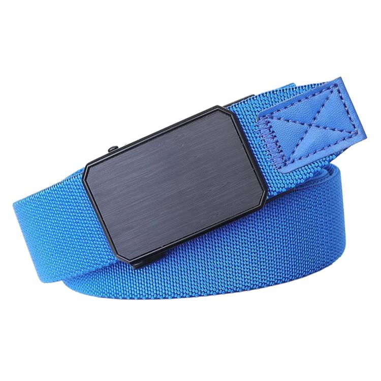 Bright blue braided elastic belt with rectangular automatic buckle and blue stitched keeper
