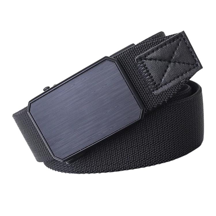 Men's black elastic web belt with rectangular automatic buckle and stitched keeper panel