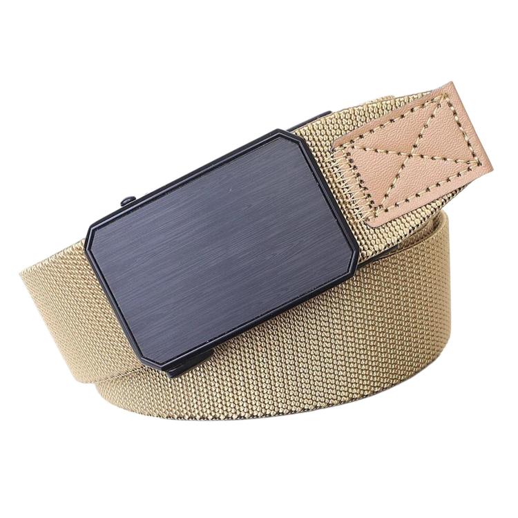 Men's khaki elastic web belt with rectangular automatic buckle and stitched keeper panel