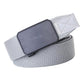 Light gray braided elastic belt with dark metal automatic buckle and stitched keeper loop