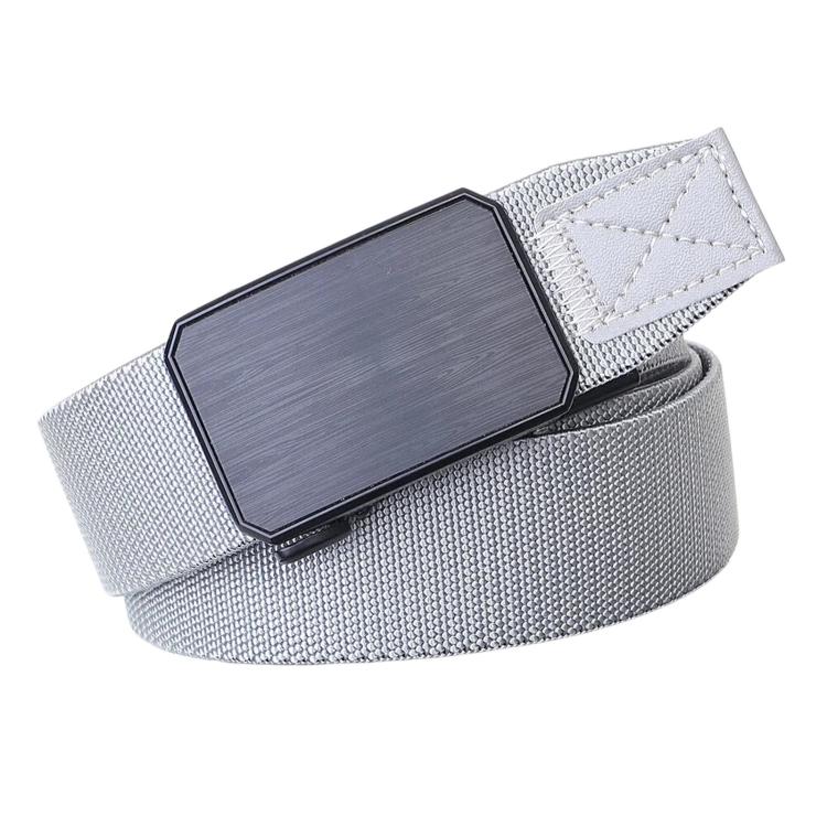 Light gray braided elastic belt with rectangular automatic buckle and textured belt weave