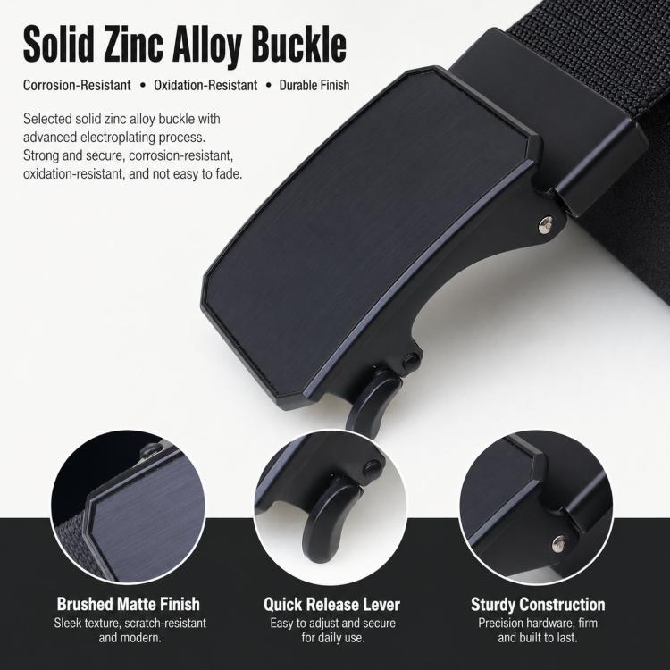 Black automatic belt buckle with quick-release lever on textured elastic strap