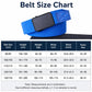 Belt size chart with blue elastic web belt and black automatic buckle