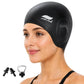 Black silicone swimming cap with ear-protecting pockets, shown on head