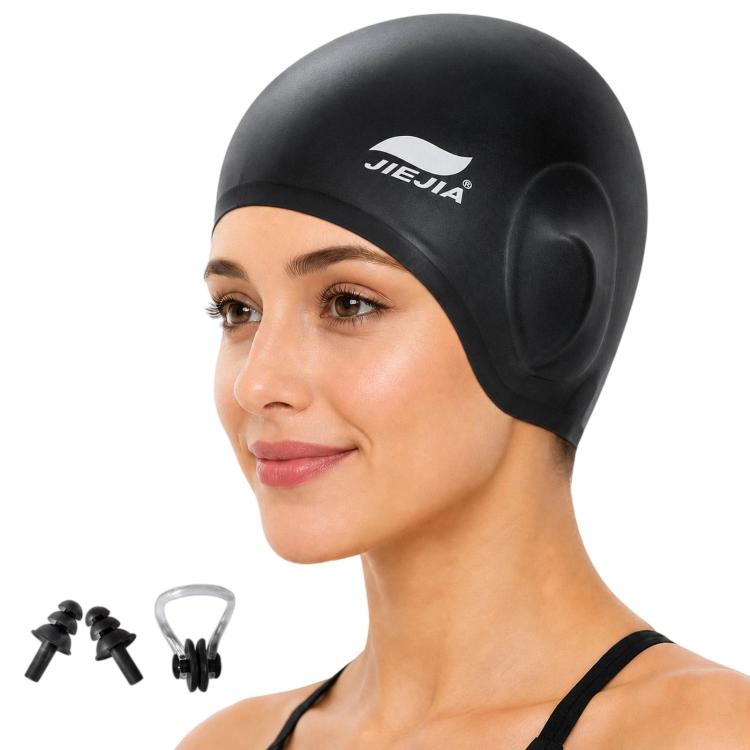 Black silicone swimming cap with ear-protecting pockets, shown on head