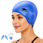 Blue silicone swimming cap with ear-protecting pockets and included earplugs and nose clip