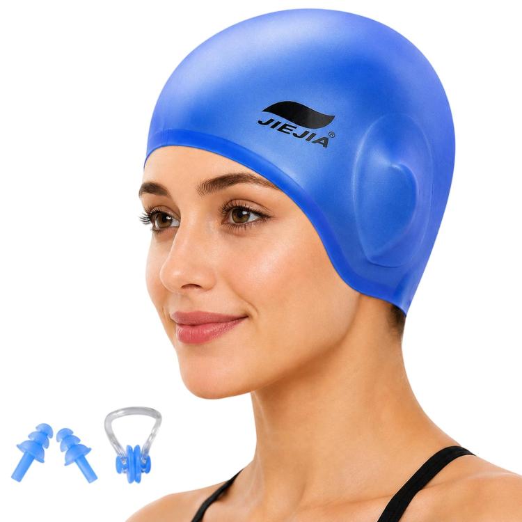 Blue silicone swimming cap with ear-protecting pockets and included earplugs and nose clip