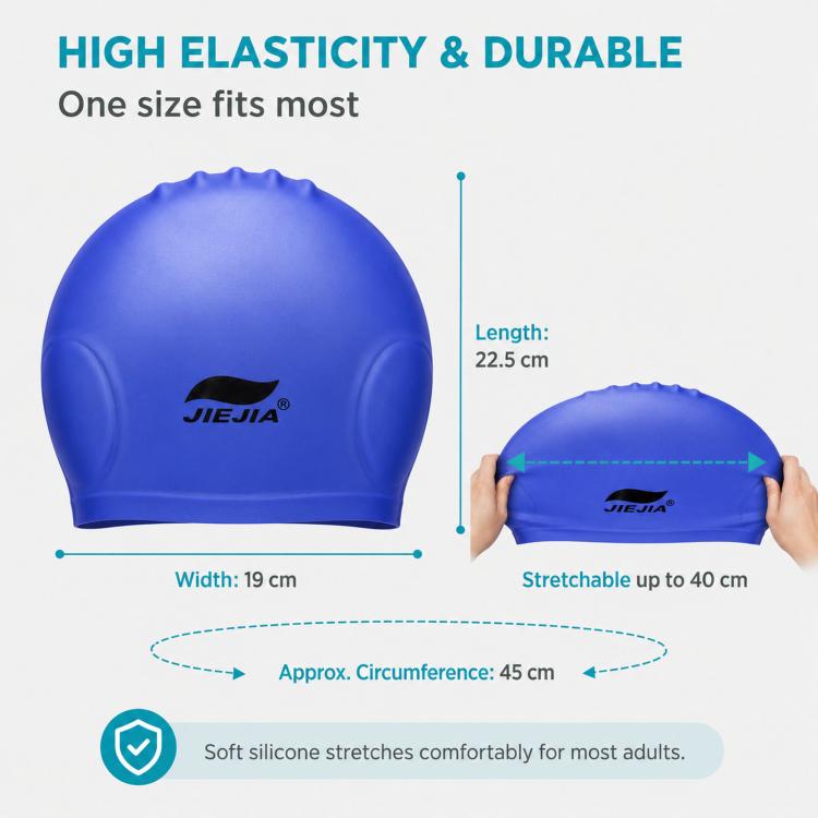 Blue silicone swimming cap with stretch fit, shown on model