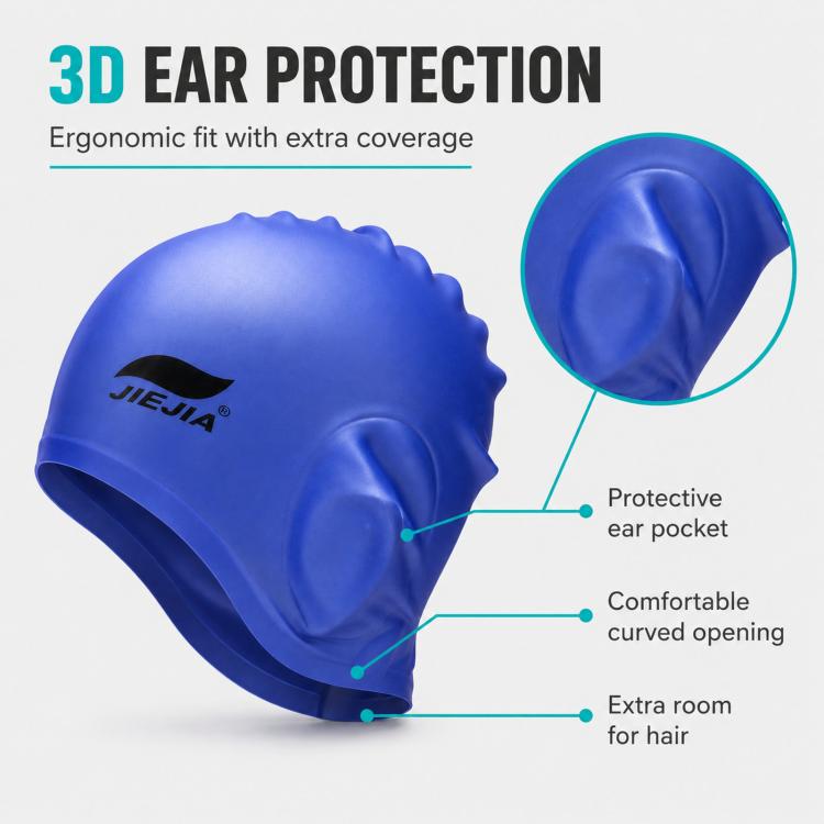 Blue silicone swimming cap with extra ear pocket and curved opening