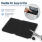 Rectangular black foam filter pad with trim tab, shown with scissors