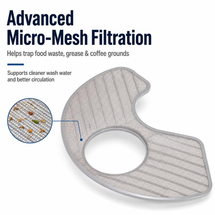 Dishwasher replacement filter, grey micro-mesh grate with oval center opening