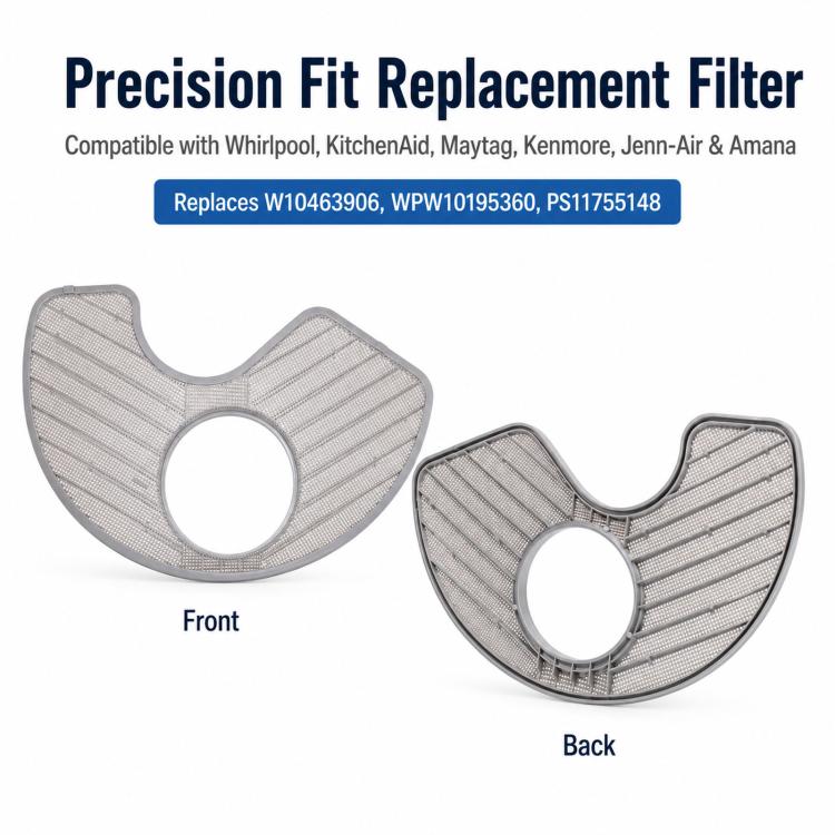 Dishwasher replacement filter front and back views, grey mesh with center hole