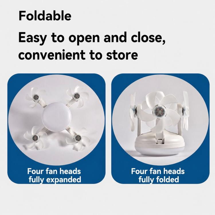 Foldable ceiling fan light showing four fan heads, expanded and folded