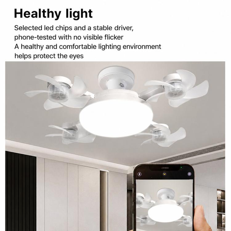 White ceiling fan light with round bulb cover and 3 fan arms, shown on ceiling
