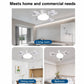 Ceiling fan light shown in living, dining, and bedroom setting collage