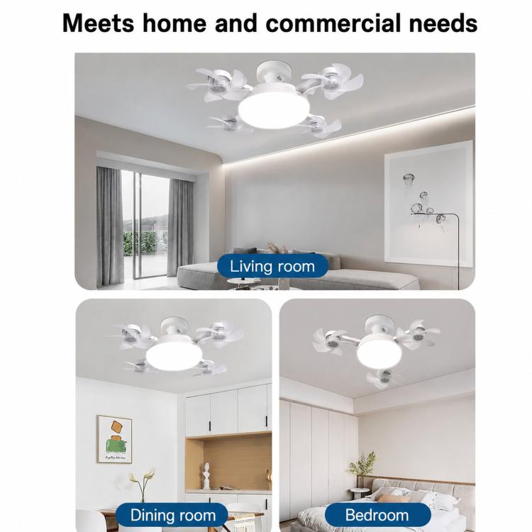 Ceiling fan light shown in living, dining, and bedroom setting collage