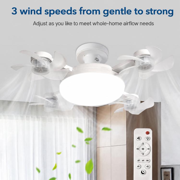 White ceiling fan light with remote control and 3 fan arms, multiple speeds