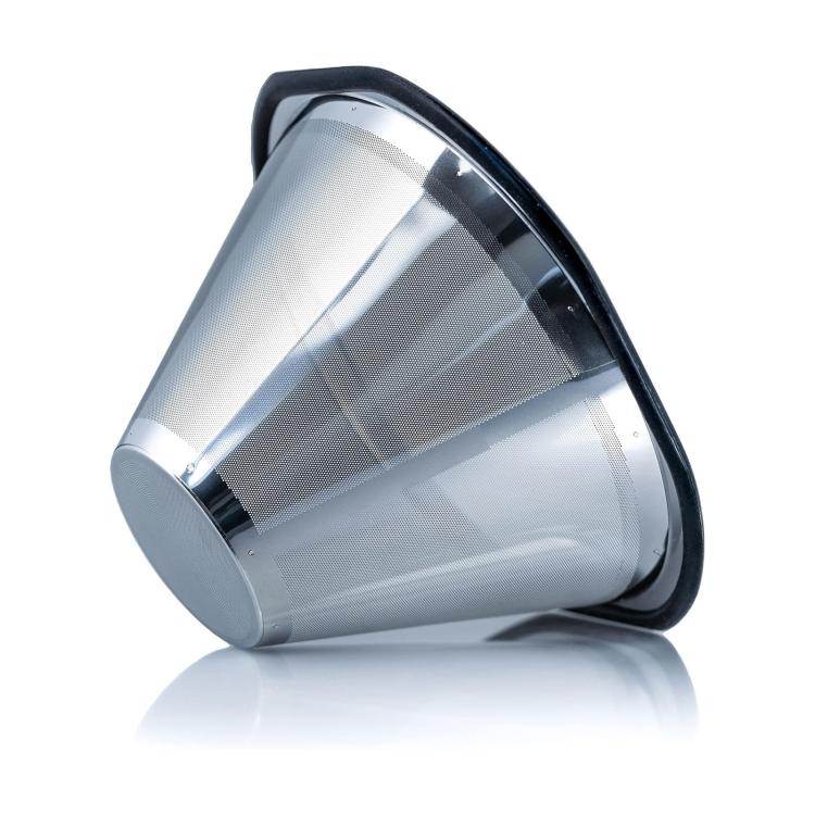 Reusable coffee filter with stainless steel mesh and black rim, compact dripper insert