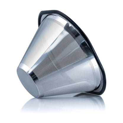 Reusable coffee filter with stainless steel mesh and black rim, compact dripper insert