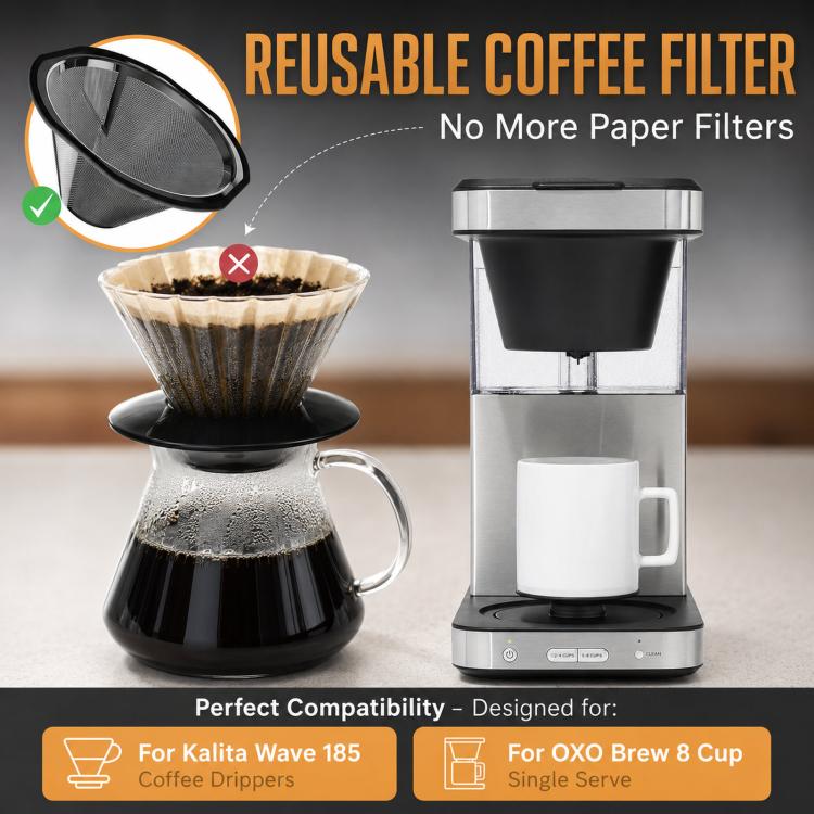 Reusable coffee filter insert with stainless steel mesh for pour-over coffee drippers