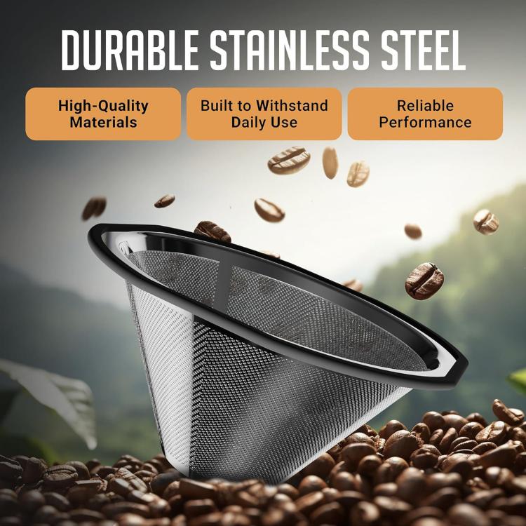 Reusable coffee filter insert featuring fine stainless steel mesh and black rim