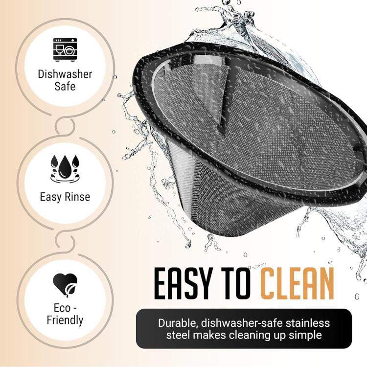 Reusable coffee filter with stainless steel mesh, designed for easy rinsing and cleaning