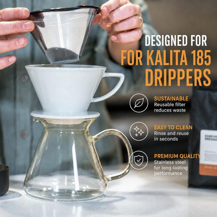 Reusable coffee filter insert designed for Kalita Wave 185 pour-over drippers