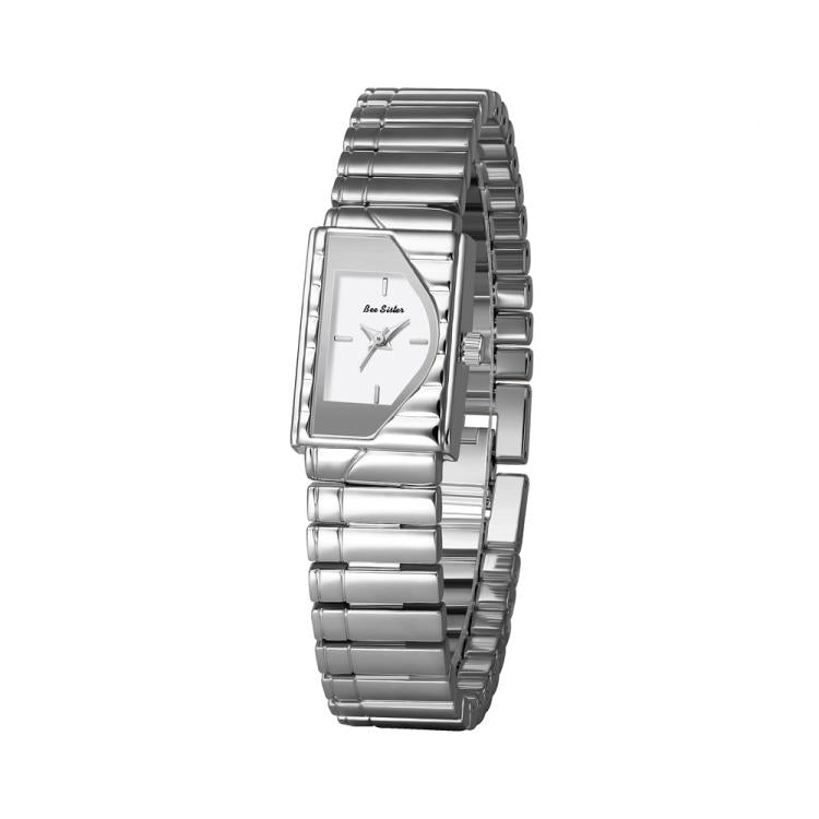 Silver womens vintage quartz wristwatch with rectangular geometric dial and metal bracelet