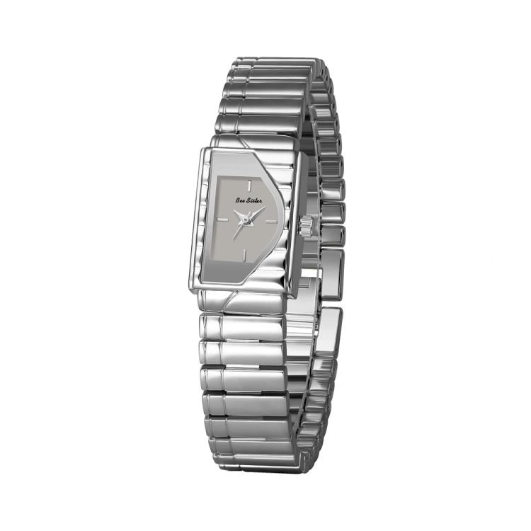 Silver womens vintage quartz wristwatch with angled geometric dial and metal link strap