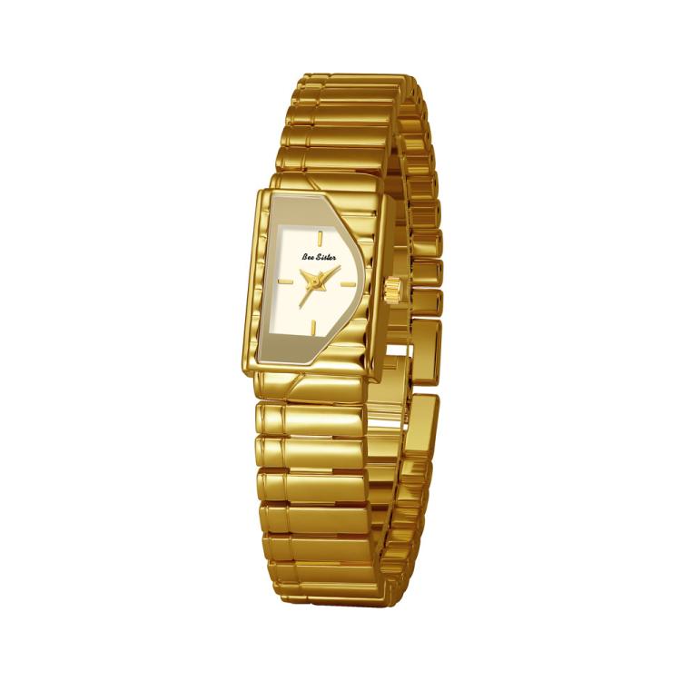 Gold womens vintage quartz wristwatch with angled geometric dial and metal link strap