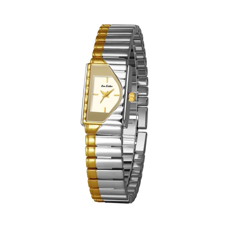 Two-tone womens vintage quartz wristwatch with geometric dial and mixed metal bracelet