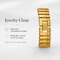 Gold womens vintage wristwatch bracelet with curved metal clasp and geometric dial