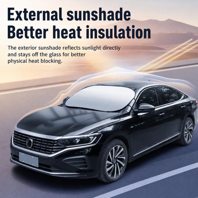 Front windshield sunshade installed on a black car, silver reflective surface