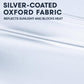 Silver-coated sunshade fabric close-up, reflective surface for heat blocking