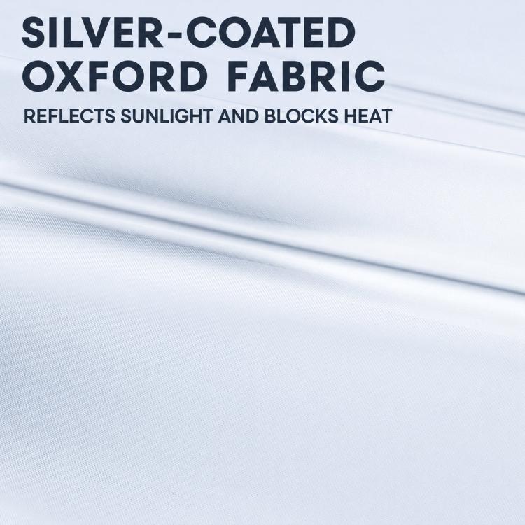 Silver-coated sunshade fabric close-up, reflective surface for heat blocking