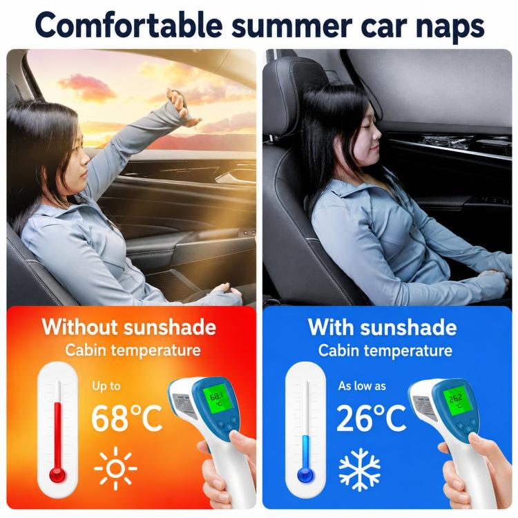 Front windshield sunshade in use, helping keep the car cabin cooler