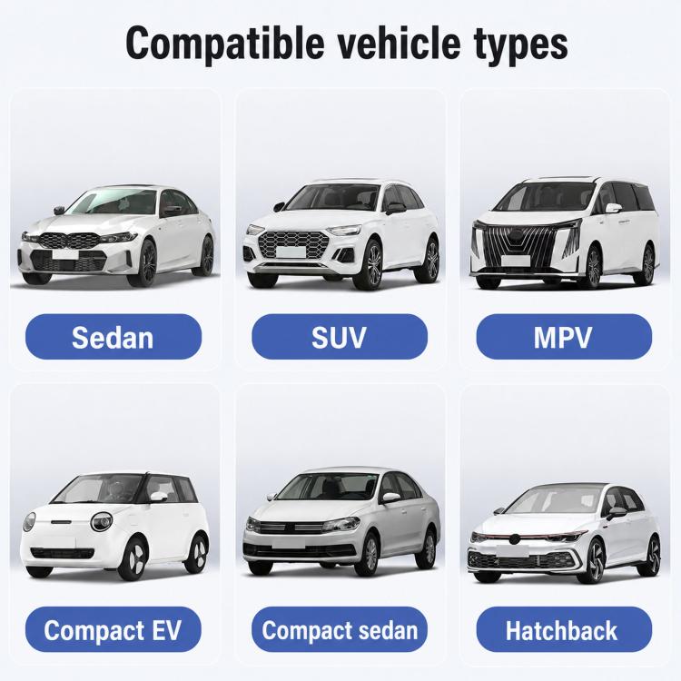 Front windshield sunshade compatibility chart showing multiple vehicle types
