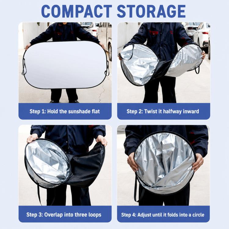 Folded front windshield sunshade storage steps, silver reflective cover