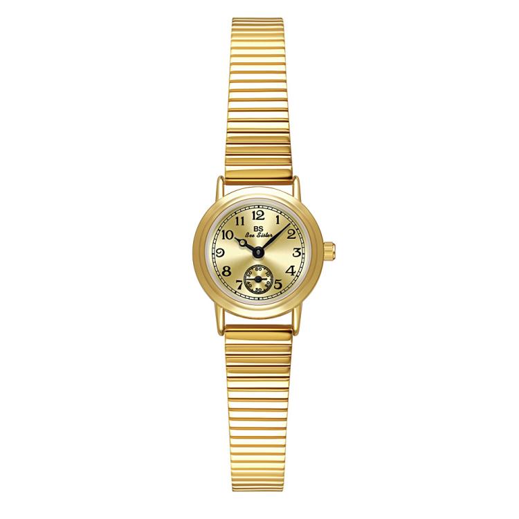 Gold-tone small round vintage watch with ribbed expansion band and small seconds subdial