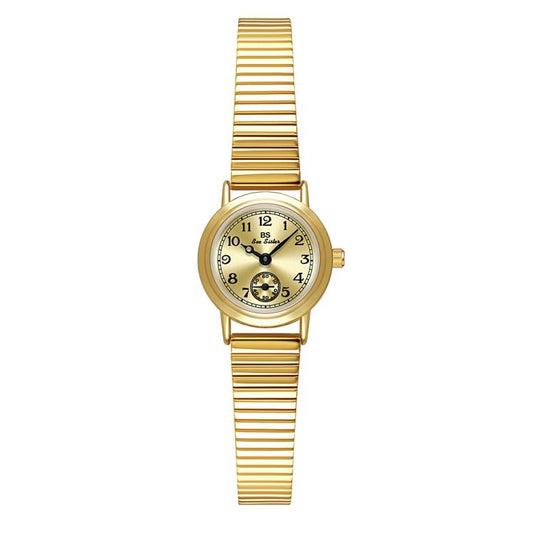 Gold-tone small round vintage watch with ribbed expansion band and small seconds subdial