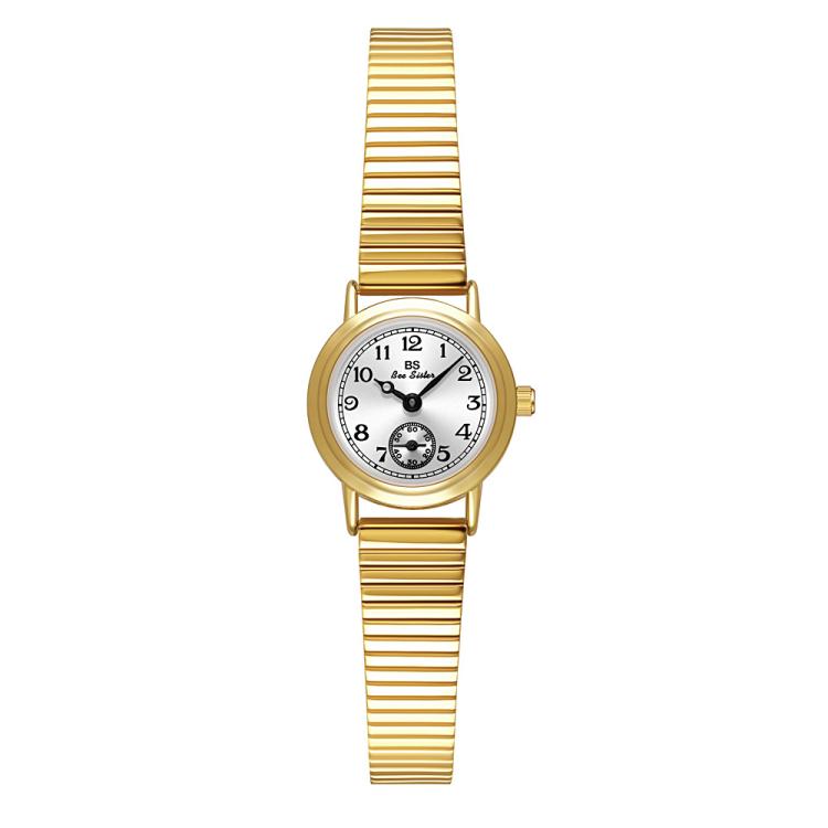 Gold-tone small round watch with ribbed expansion bracelet and white dial with seconds subdial