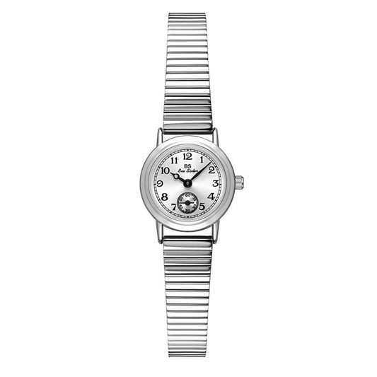 Silver-tone small round watch with ribbed expansion band and white dial with seconds subdial